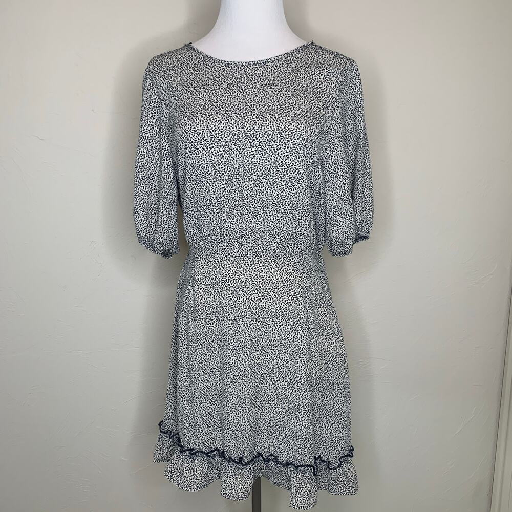 Black White Micro Dot Cheetah? Print Ruffle Hem Low Back Dress Medium NWT